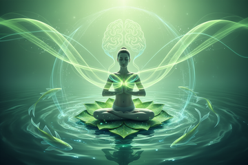 imagen banner promocional que transmita salud cardiovascular, bienestar general y equilibrio mental. Escena asociada al cuerpo sano y la energía interna: una persona serena y activa, sensación de fluidez y armonía en el cuerpo, con especial énfasis en el corazón y el cerebro de forma sutil. Elementos visuales que sugieran y nutrición celular (líneas suaves, ondas, brillos orgánicos). Presencia elegante de elementos marinos como agua limpia,reflejos azules o peces estilizado. No texto. Color principal verde.