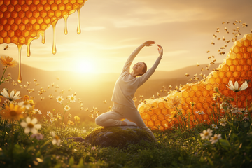 Una imagen estilo banner promocional. Debe transmitir vitalidad natural, energía diaria y refuerzo del cuerpo desde dentro. Escena luminosa y fresca: luz dorada de amanecer, sensación de despertar con fuerza y equilibrio. Elementos naturales como la colmena, abejas en movimiento suave, textura de miel y flores integradas de forma elegante. Una persona activa y con buena energía vital, no deportiva extrema, más bien salud y bienestar diario. Paleta de colores cálidos (dorados) Sin texto ni producto visibles.
