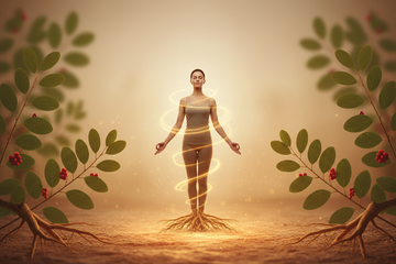 Una imagen estilo banner promocional que transmita calma, equilibrio y fuerza interior. Escena centrada en bienestar emocional y físico: una persona relajada pero con porte firme, respiración profunda, postura estable, sensación de control y serenidad. Elementos visuales suaves que sugieran reducción del estrés, equilibrio hormonal y energía sostenida, como ondas lentas, luz cálida envolvente o raíces que nacen desde el cuerpo hacia la tierra. Integrar la planta de ashwagandha de forma natural. Sin texto.