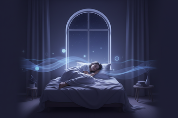 Una imagen vertical en formato móvil, estilo banner. Debe transmitir descanso profundo, sueño natural y calma mental. Escena nocturna suave y relajante: una persona durmiendo plácidamente o en transición al sueño, luz tenue de luna, estrellas difuminadas, sensación de silencio y paz. Elementos visuales abstractos que sugieran el ritmo del descanso y el reloj biológico, como ondas suaves o ciclos de luz. Paleta de colores azul oscuro, violeta y tonos suaves, ambiente limpio, moderno y reconfortante. Sin text