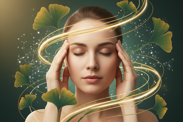 Una imagen vertical, formato móvil, estilo banner promocional. Debe transmitir claridad mental, memoria, concentración y energía natural. Escena relacionada con el cerebro, la mente activa y el enfoque: una persona concentrada, ligera sensación de movimiento o flujo en la cabeza, elementos visuales que sugieran conexiones neuronales, hojas de ginkgo biloba integradas de forma sutil y elegante. Tonos naturales (verdes y dorados), sensación de bienestar, equilibrio y vitalidad.sin mostrar el producto ni texto
